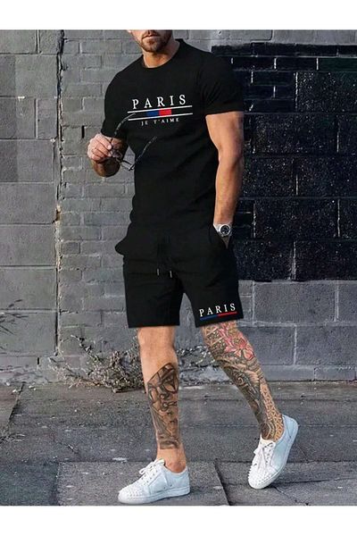 Boi Paris Je t'Aime T-Shirt Shorts Combo Set - Black Printed Oversized Crew Neck