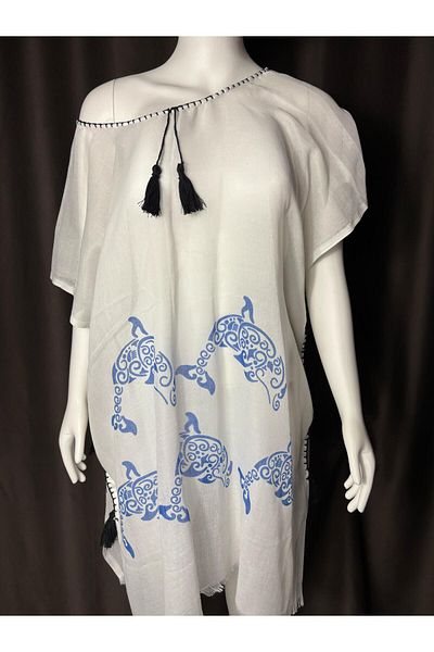 Sobe Hediyelik Dolphin Patterned White Pareo – Beach Top Summer Dress, Light and Comfortable Tunic Model (Standard Size)