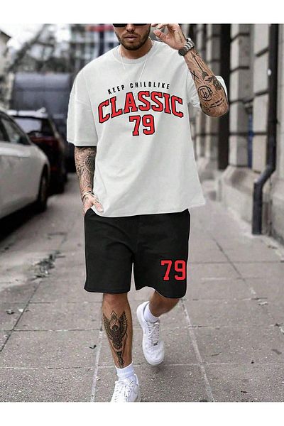 Boi Classic 79 T-Shirt Shorts - White with Black Shorts T-Shirt Top and Bottom Set Printed Crew Neck