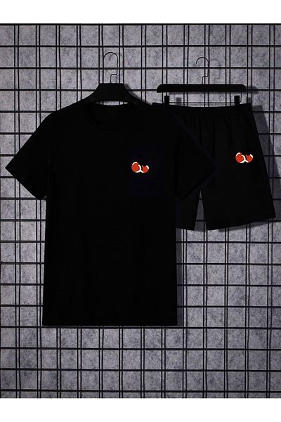 Boi Cherry Pattern T-Shirt Shorts - Black Shorts T-Shirt Top and Bottom Set Printed Crew Neck