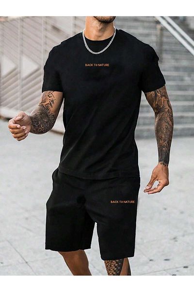 Boi Back to Nature T-Shirt Shorts - Black Shorts T-Shirt Bottom Top Set Printed Crew Neck