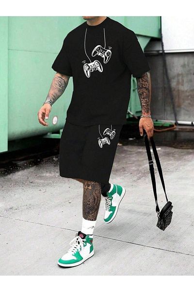 Boi Consoles T-Shirt Shorts - Black Shorts T-Shirt Bottom Top Set Printed Crew Neck
