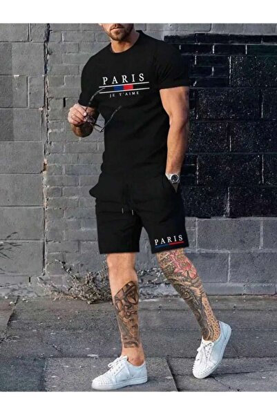 Boi Paris Je T'aime Shorts T-Shirt - Black Printed Top and Bottom Set Crew Neck