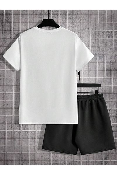 Boi Brooklyn Lettering Design T-Shirt Shorts - White with Black Shorts T-Shirt Bottom Top Set Printed Crew Neck