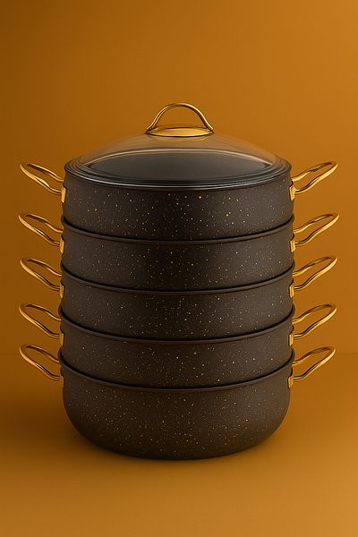 YUNUSOĞLU HOME 30 cm 5 Layer Granite Ravioli Pot – 7.5 Liters, Glass Lid, Central Asian Local Special Design