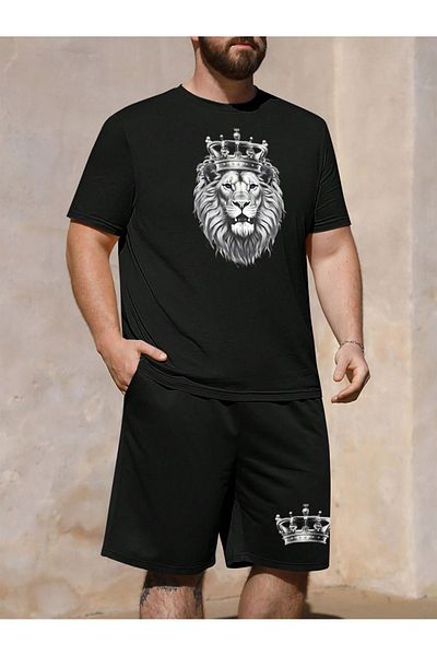 Boi Crowned Lion T-Shirt Shorts - Black Shorts T-Shirt Top and Bottom Set Printed Crew Neck