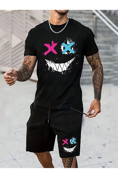 Boi Color Face T-Shirt Shorts - Black Shorts T-Shirt Bottom Top Set Printed Crew Neck