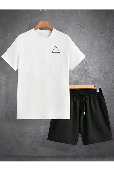 Boi Triangle Logo T-Shirt Shorts - White with Black Shorts T-Shirt Top and Bottom Set Printed Crew Neck