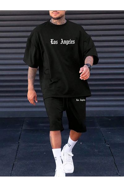 Boi Los Angeles Minimal T-Shirt Shorts - Black Shorts T-Shirt Bottom Top Set Printed Crew Neck