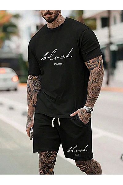 Boi Paris Text T-Shirt Shorts Combination Set - Black Printed Oversize Crew Neck