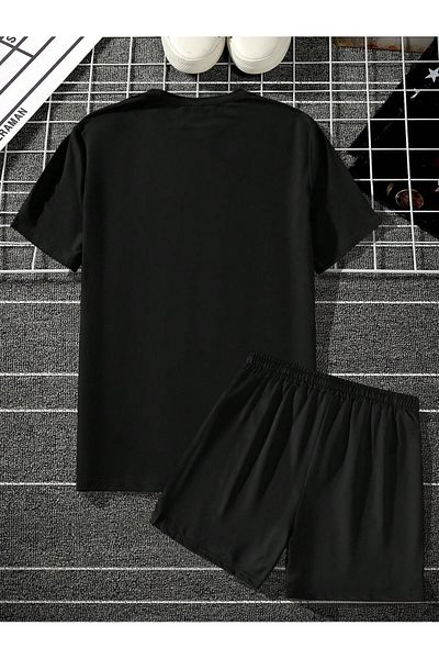Boi Mixed Pattern T-Shirt Shorts - Black Shorts T-Shirt Bottom Top Set Printed Crew Neck