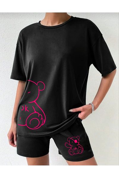 Boi WOMEN'S Printed Short Shorts T-Shirt Set Combination Oversize Relaxed Fit