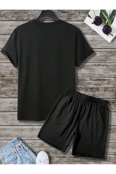Boi Sad Bear T-Shirt Shorts - Black Shorts T-Shirt Bottom Top Set Printed Crew Neck