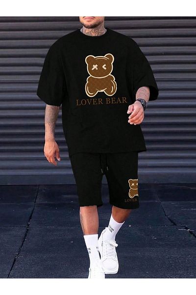 Boi Lover Bear T-Shirt Shorts - Black Shorts T-Shirt Top Bottom Set Printed Crew Neck
