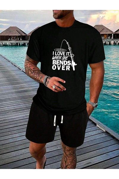 Boi Love Bends over T-Shirt Shorts - Black Shorts T-Shirt Bottom Top Set Printed Crew Neck