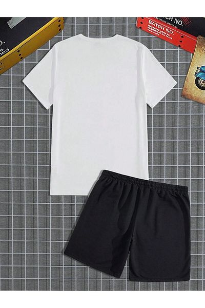 Boi Double Line T-Shirt Shorts Combination Set - White Black Printed Oversize Crew Neck