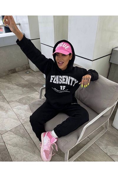 Boi Flasenty FF Tracksuit Set - Black Printed Suit Jogger Sweatshirt Elastic Leg Hooded