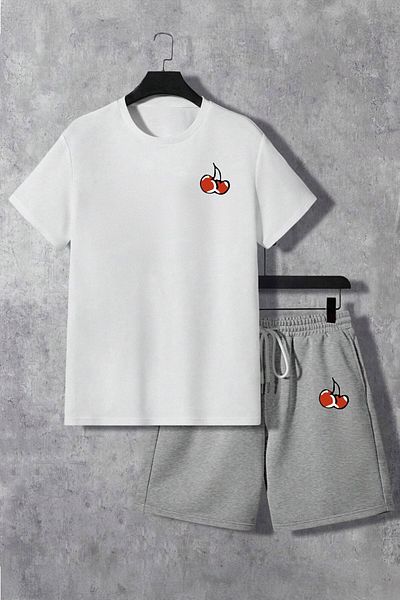 Boi Cherry Pattern T-Shirt Shorts - White Gray Shorts T-Shirt Top and Bottom Set Printed Crew Neck