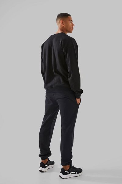 Boi Offical Man Tracksuit Set - Black Printed Suit Jogger Sweatshirt Elastic Leg Crew Neck