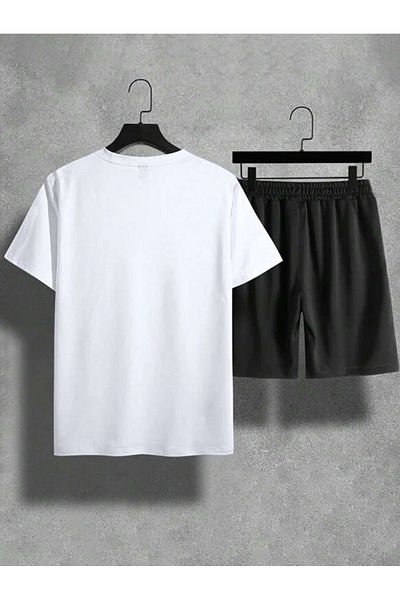 Boi Surround T-Shirt Shorts - White with Black Shorts T-Shirt Top and Bottom Set Printed Crew Neck