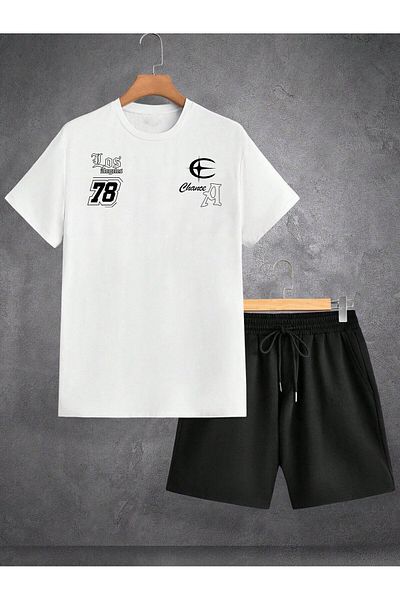 Boi Los Angeles A 78 T-Shirt Shorts - White with Black Shorts T-Shirt Top Bottom Set Printed Crew Neck