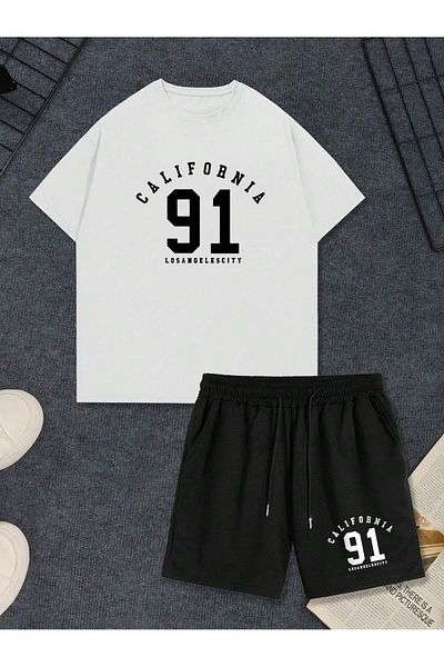 Boi California 91 T-Shirt Shorts - White Black Shorts T-Shirt Bottom Top Set Printed Crew Neck
