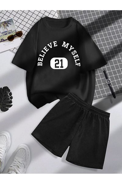 Boi Believe 21 T-Shirt Shorts Combo Set - Black Printed Oversized Crew Neck