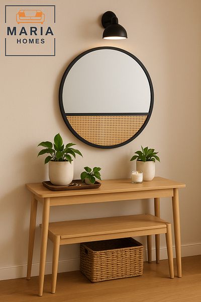 MARIA HOMES Round Wall Mirror 80cm – Black Wood Frame With Rattan Accent