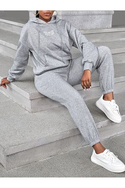 Boi Butterfly Tracksuit - Gray Printed Bottom Top Set Jogger Sweatshirt Rubber Leg Hooded