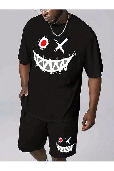 Boi Smiley Face T-Shirt Shorts - Black Shorts T-Shirt Bottom Top Set Printed Crew Neck
