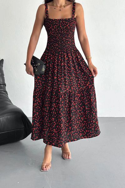 Lujurya Gipeli Red Floral Strap Floor Long Dress Woven Viscose Fabric Height 125 cm