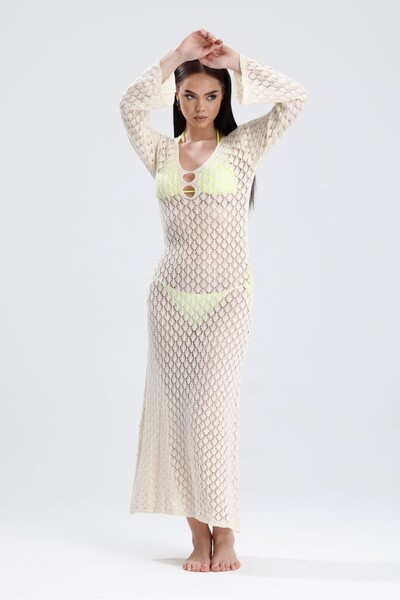 Aphrodite Bodrum Triko Delikli Elbise - Krem