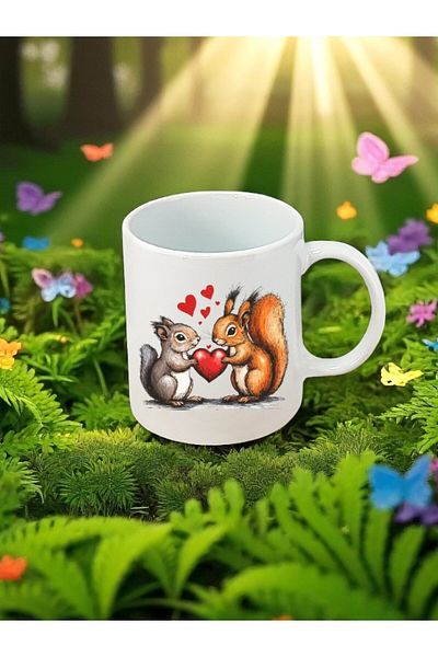 lili hediyelik Heart and Squirrel Printed White Mug