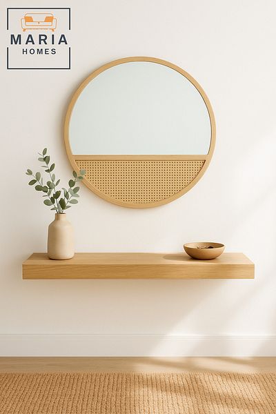 MARIA HOMES Round Wall Mirror 100 cm – Natural Wood Frame with Rattan Design