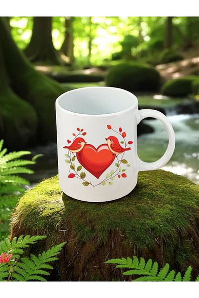 lili hediyelik Heart and Birds Printed White Mug