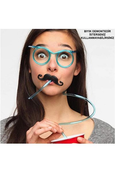 NW NessiWorld Nessiworld Party Glasses with Straws - Children and Adults Whiskered Straw Glasses Blue Color 18X14 cm