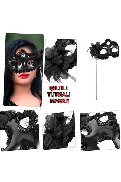 NW NessiWorld Nessiworld Black Glittery Photo Shoot Mask with Handle 18X29 cm