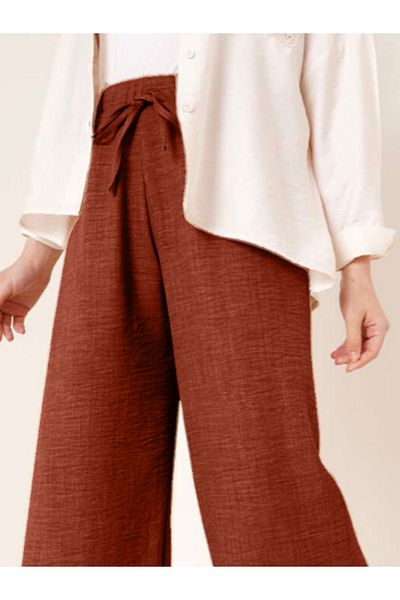 LEGS STAR Women's Brown Sofia Linen Double Pocket Wide Leg Trousers