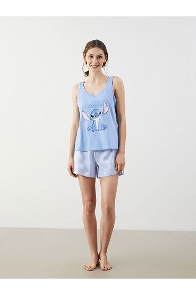 LC Waikiki Young White Crew Neck Stitch Printed Women's Shorts Pajama Set