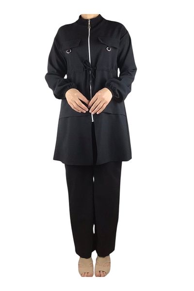 ECE GİYİM Women's Tunic Front Zippered Drawn Sleeve Elastic Pants Waist Elastic Suit