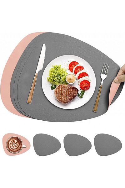 CALIYO Set de 4 șorțuri pentru tacâmuri/farfurii și 4 șorțuri pentru pahare CALIYO, PVC, roz/gri