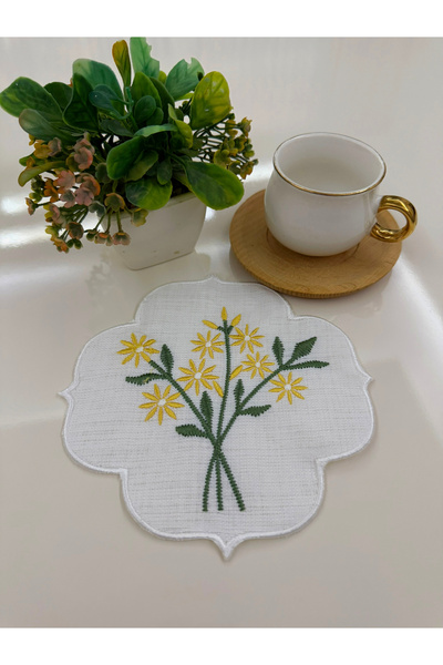 AYNAKIŞÇEYİZ 6 Adet Papatya Buketi Nakışlı Keten Kumaş Kahve Yanı Kokteyl Peç...