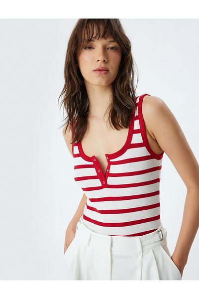 Koton New Season Strap T-Shirt U Neck Snap Button Detail
