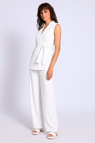 canelibutik Women's White Sleeveless Belted Vest & Palazzo Pants Set