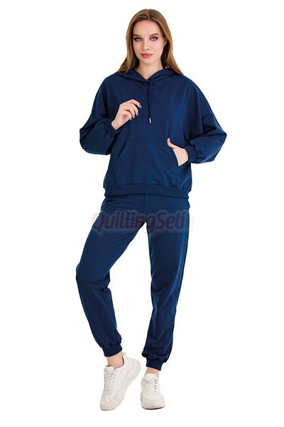 quilling Long Sleeve 22059 Navy Blue Color Women's Sports Tracksuit Set with Hood and Kangaroo Pocket