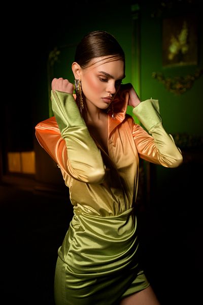 Gira official Orange Green Gradient Satin Shirt Dress