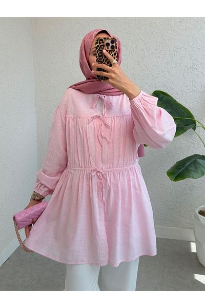 Modamorfo Front Tie Shirt with Elastic Sleeves - Pink