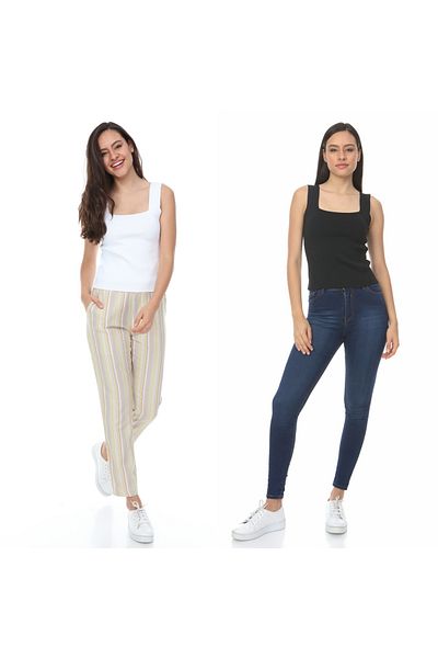MA ananas Women's Square Neck Strap Double Pack Black and White Blouse