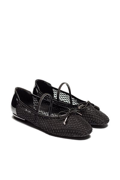 Dedos Women's Beaded - Mesh Belted Ballerina Shoes Black 1700