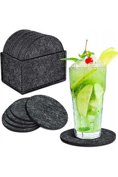 Hoomil Set de 12 suporturi pentru pahare cu suport de depozitare Hoomil, fetru, gri, 10 cm